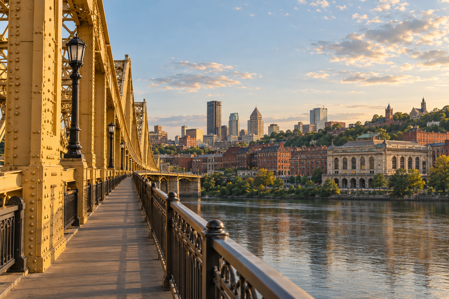 Concept panorama of the Pittsburgh riverfront and its golden bridges